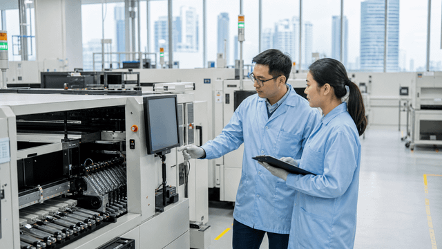 Engineers reviewing precision electronics manufacturing equipment in Singapore.