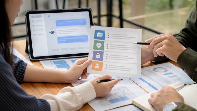 Product and policy reviewers examining a chatbot transparency information card beside a blurred chat interface.