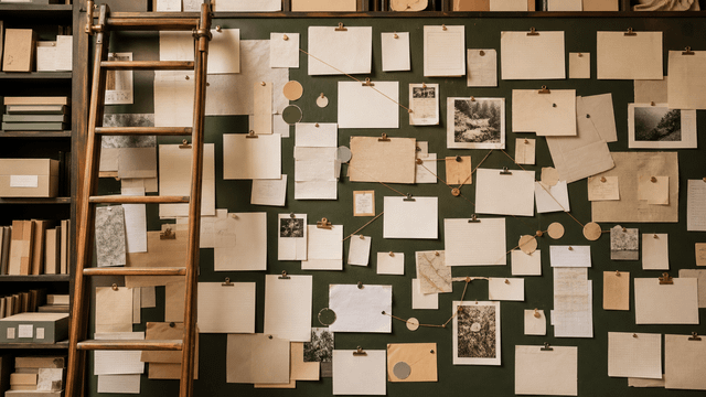An editorial research archive wall with blank source cards, clipped printouts and evidence paths.