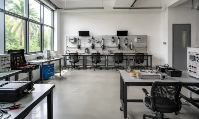 Illustrative view of trainees working in an unbranded technical skills laboratory
