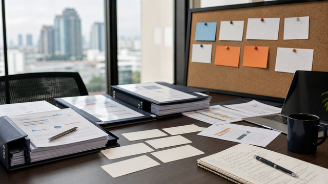 Workplace reading and source-review materials on a table.