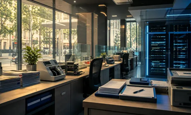 A story-specific editorial scene of Vietnamese banking operations and secure technology infrastructure.