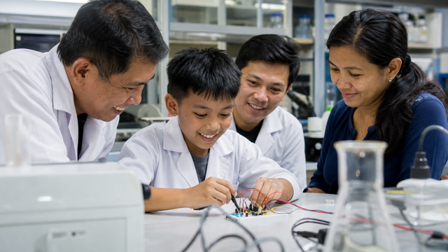 Editorial raster image of a young student exploring inventions with science mentors.