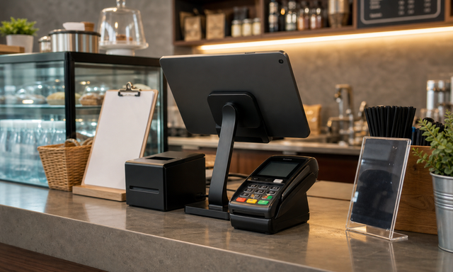 Photo-style image of a cafe checkout counter with a POS tablet, card terminal and receipt printer.