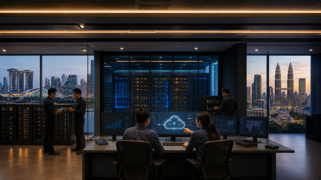 Editorial illustration of cloud storage infrastructure connecting business partners in Singapore and Malaysia.