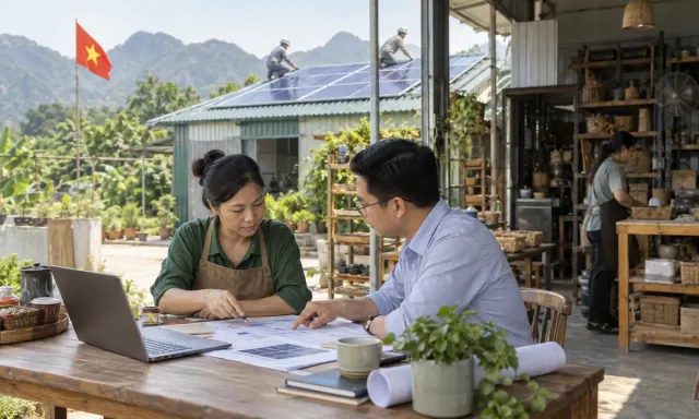 A Vietnamese small-business owner and finance adviser review a solar project plan beside an operating workshop.
