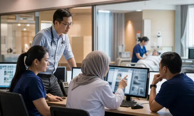 Singapore clinicians review a secure AI-assisted care workflow while patient care remains human-led in a modern hospital.