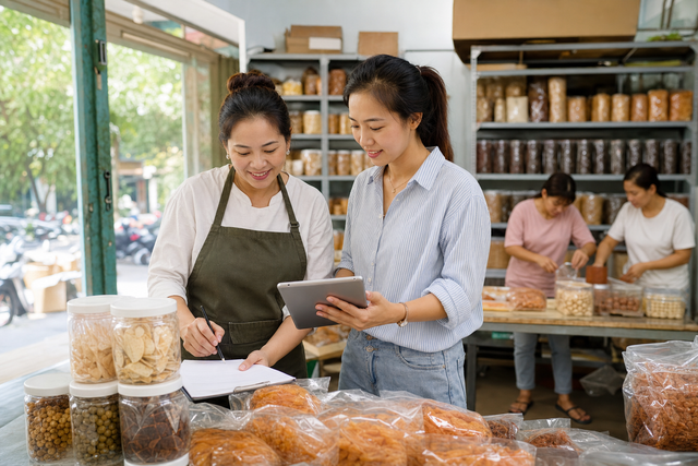 Women running a small food business in Viet Nam review orders and finance paperwork together.