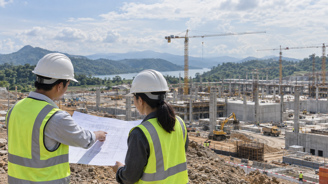 Illustrative scene created for SEA Connect: engineers review an unbranded plan at an AI data-centre construction site in West Java.