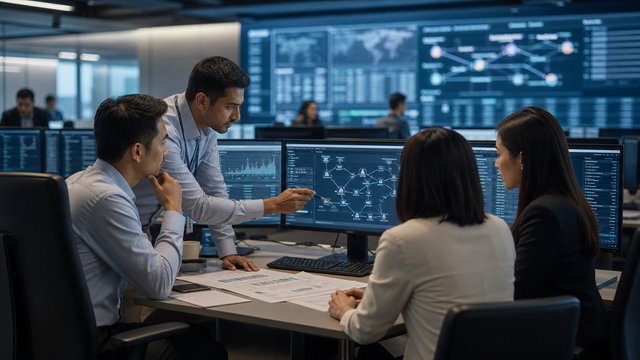 Corporate banking operations team reviews transaction-banking workflows and payment infrastructure screens.