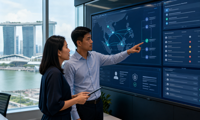 A Singapore treasury and compliance team reviews an AI-assisted cross-border payment authorisation map.