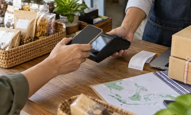 Customer completes a mobile payment at a Southeast Asian merchant counter with a payment terminal and regional delivery map.