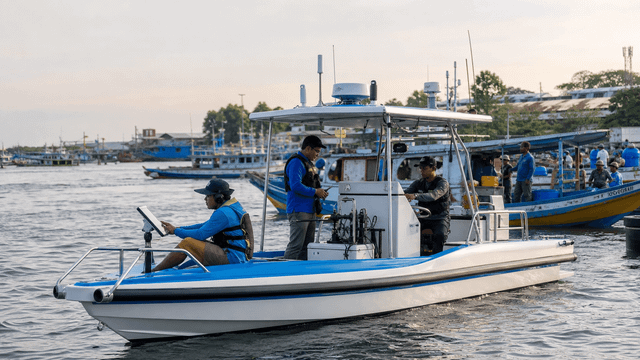 Editorial raster image of engineers reviewing a local coastal vessel innovation.