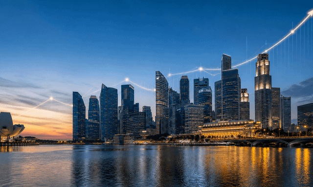 Singapore financial towers at Marina Bay at dusk beneath an illuminated market line.