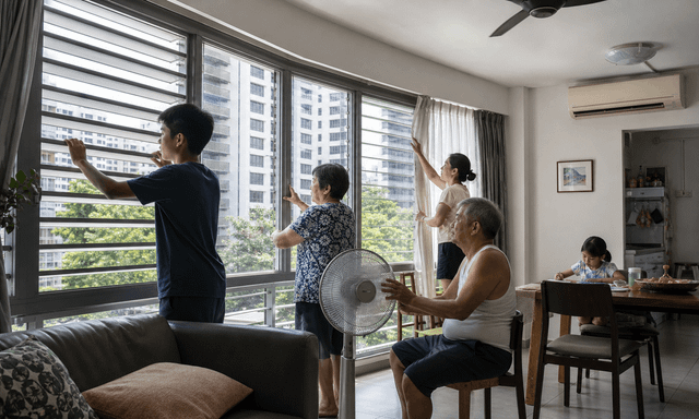 A multigenerational Singapore household adjusts windows, curtains and fans in a high-rise apartment during a hot afternoon.