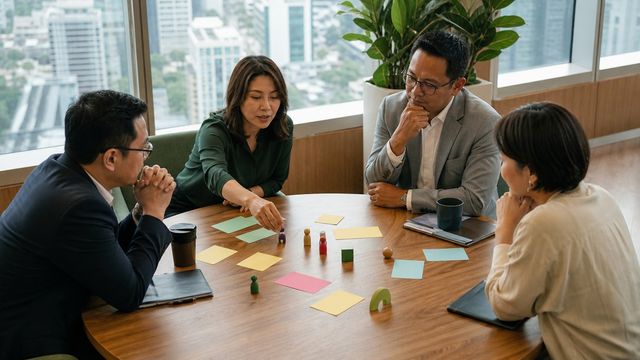 Four Southeast Asian executives discussing stakeholder trust around a boardroom table.