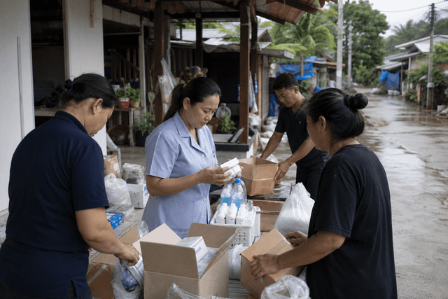 Community health workers and residents organising recovery supplies after flooding in southern Thailand.