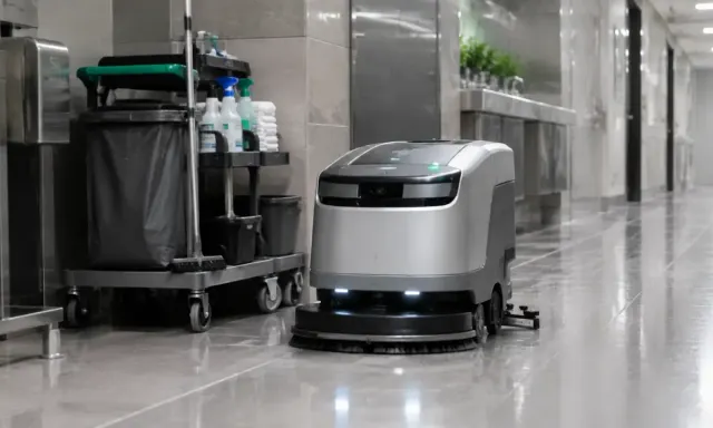 An unbranded autonomous cleaning robot operating beside a facilities-management cart.
