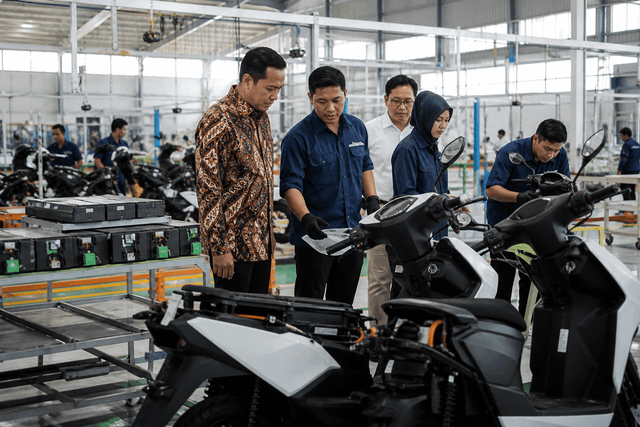 Indonesian workers and industry representatives inspect locally assembled electric motorcycles and battery packs on a factory floor