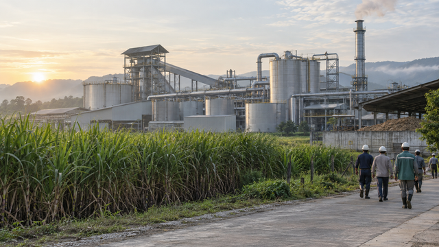 Illustrative scene created for SEA Connect: workers at a generic bio-materials plant beside sugarcane.