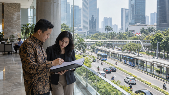 Indonesian business professionals review a document inside a Jakarta office lobby overlooking a TransJakarta corridor and the city skyline.