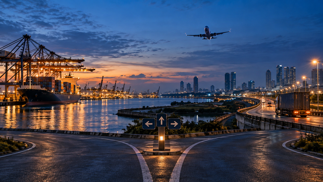 Malaysia port-and-airport corridor at blue hour, with three routes converging toward a decision point, illustrating a reversible market-entry route.