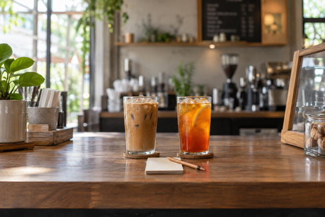 Two unbranded iced drinks on a café counter beside a blank note card and pencil.
