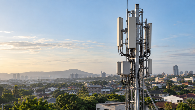 Illustrative view of a generic mobile telecommunications mast near a Malaysian urban area; it is not a CelcomDigi site and does not show measured coverage.