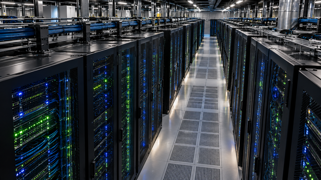 Illustrative aisle of server racks with blue and green lights; this is not the Civo-Arupa Jakarta facility.