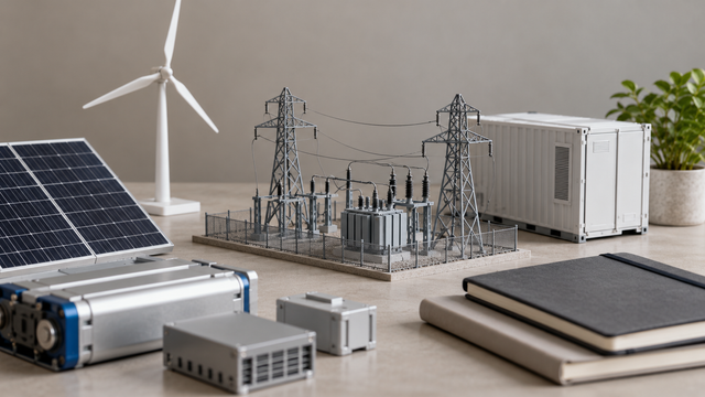 Illustrative tabletop models of energy and grid equipment; no actual EDB–EIP trial or site shown