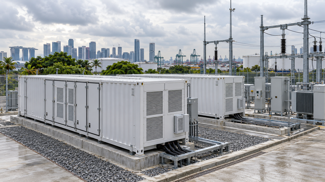 Illustrative battery storage containers and grid connection equipment in an industrial setting; no actual EMA project shown