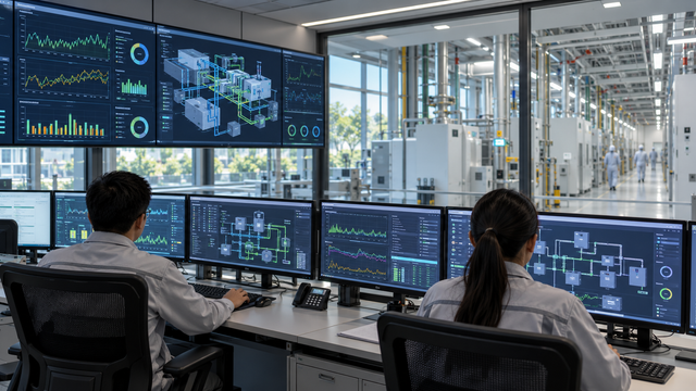 Illustrative facilities control room with engineers monitoring equipment dashboards beside a generic semiconductor facility; not the actual GlobalFoundries centre
