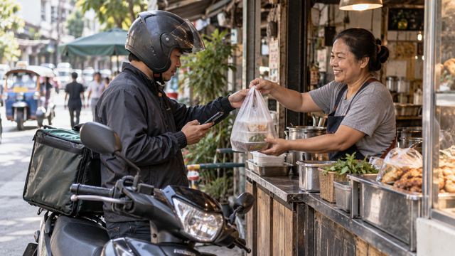Illustrative Thai delivery rider collecting a takeaway order from a small restaurant merchant at a street counter.