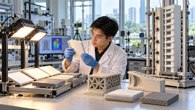 Illustrative researcher inspecting building-material samples in a generic test laboratory