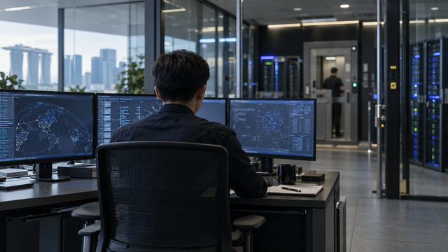 Original illustrative view of an analyst in an unbranded secure operations room with server racks and abstract displays.