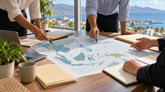 Original illustrative view of an unbranded planning table with an abstract regional map and a generic tropical coastal city beyond; not an actual cabinet meeting.