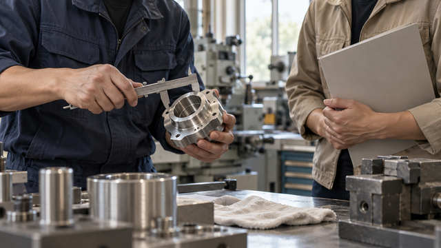 Illustrative scene of technical specialists examining a machined component; not ACRA staff or an actual accounting engagement.