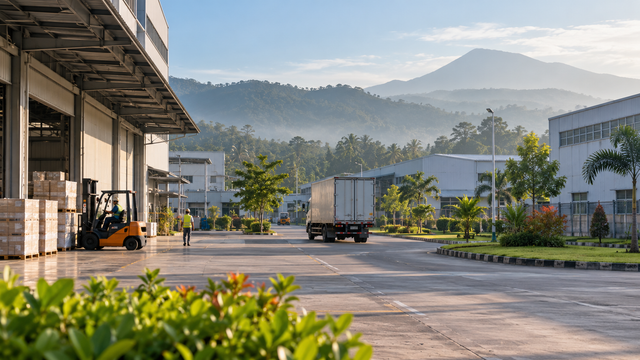 Illustrative industrial park with warehouses, a truck and workers in a tropical landscape; no reported Central Java investment site is depicted.