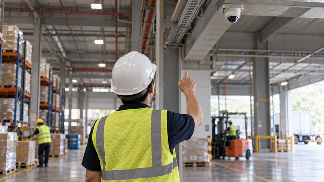 Photorealistic original illustrative scene of an anonymous warehouse safety supervisor looking toward a generic fixed ceiling camera; no Ailytics deployment or customer is shown.