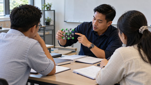 Original photoreal illustration of three fictional professionals discussing a physical science model at a training table; no actual METI/EMA participant or facility shown.