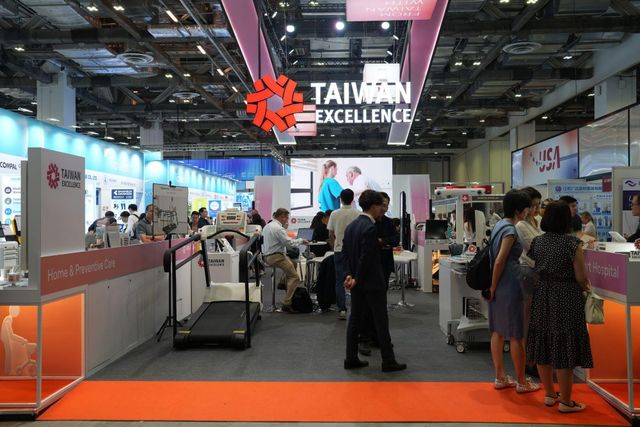 Visitors and exhibitors at the Taiwan Excellence pavilion during Medical Fair Asia 2026 in Singapore.