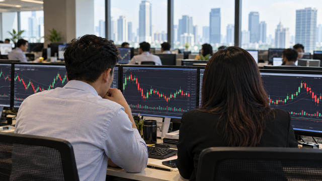 Illustrative scene of brokerage staff reviewing abstract market charts in a Jakarta office; this is not a photograph of the 19 October trading session.
