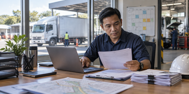 Illustrative fleet manager reviewing paperwork at a depot, with a delivery truck and service bay behind him; not a WEX or Mastercard facility.