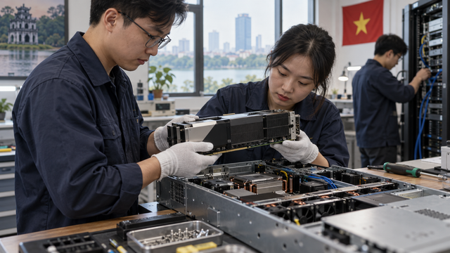 Illustrative engineers inspecting a computing accelerator and server hardware in a Vietnamese workspace; not an FPT or NAVER facility.
