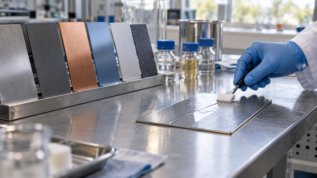 Illustrative coating sample being applied to a metal test panel in an unbranded materials laboratory; not Lubrizol's Singapore facility.
