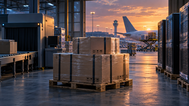 Illustrative airport cargo pallet and server equipment beside an aircraft at dusk.