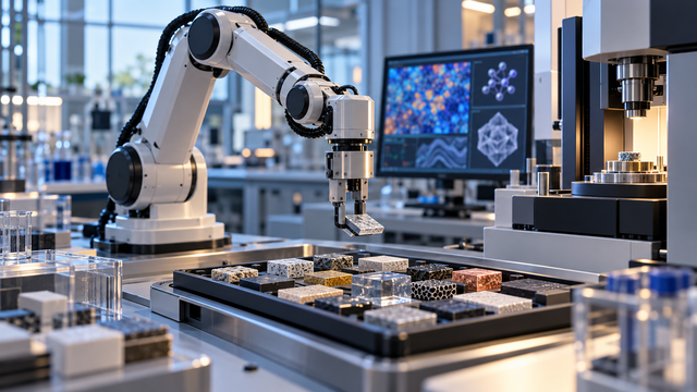 Illustrative robotic arm above material samples in a research laboratory