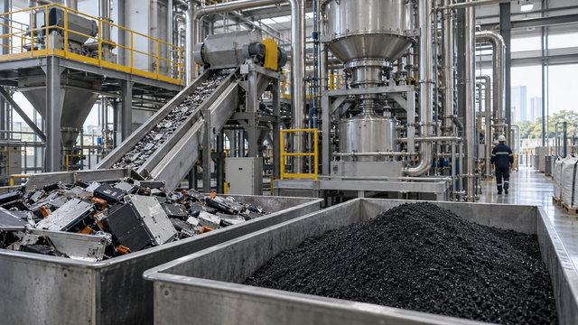 Illustrative battery-recycling line with scrap and dark processed material in an industrial plant