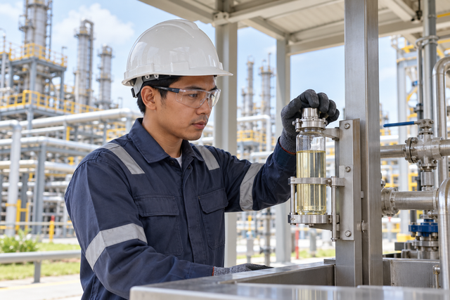 Illustrative scene of a technician inspecting a sealed sample at a fictional petrochemical facility.