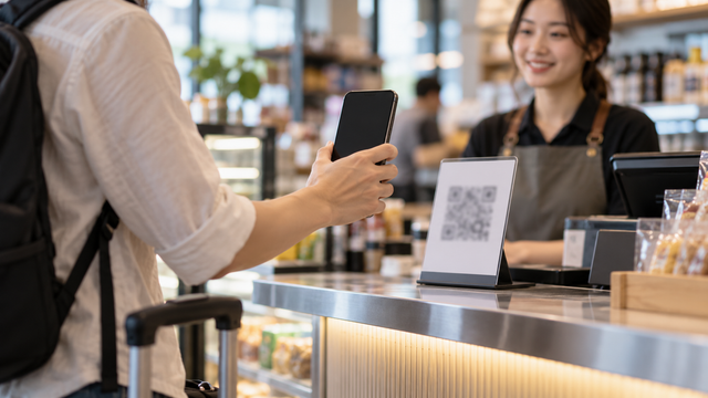 Illustrative traveler holding a phone toward a blurred QR payment marker at a generic shop counter